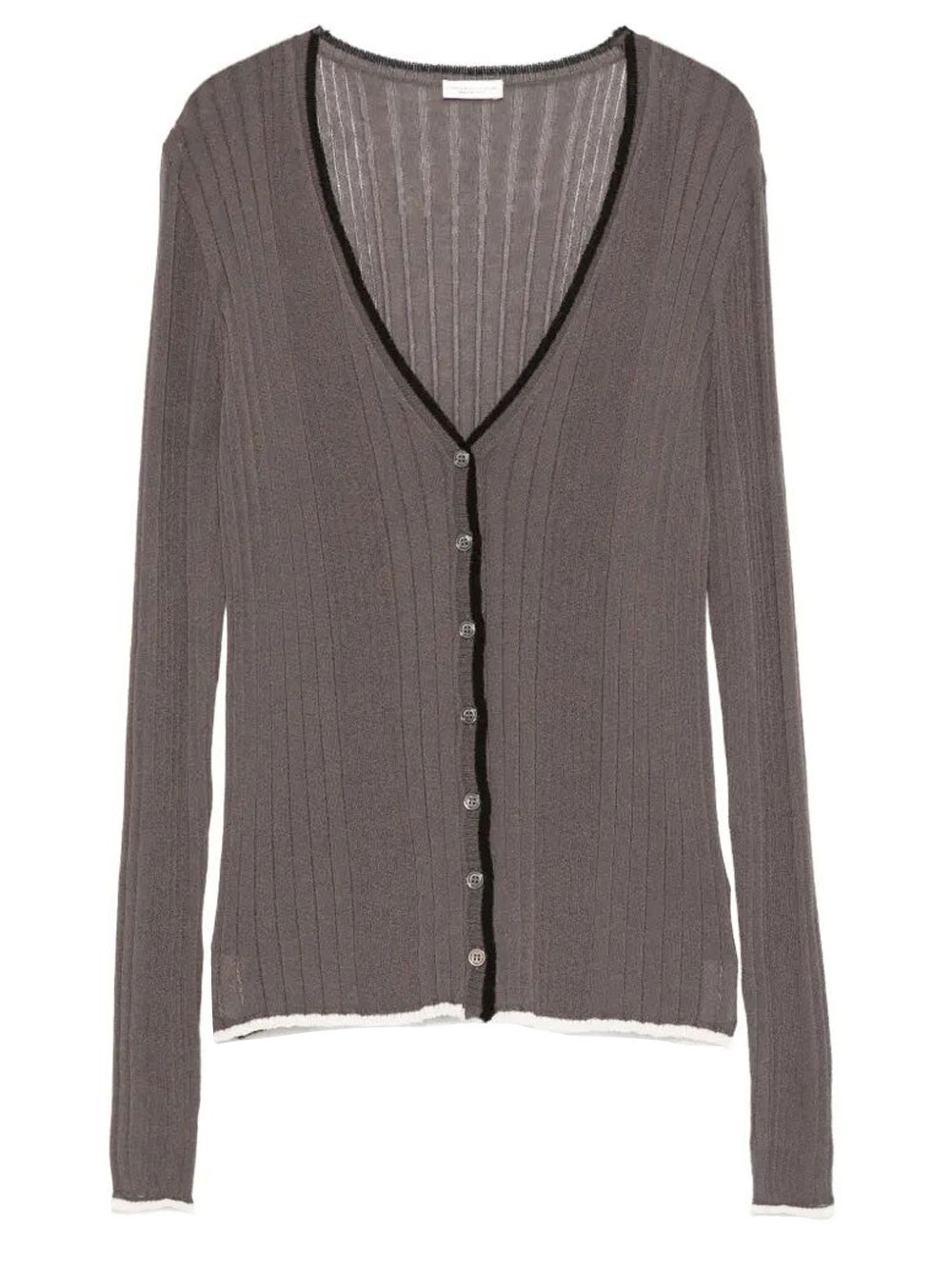 Contrasting Hem V-Neck Ribbed Cardigan