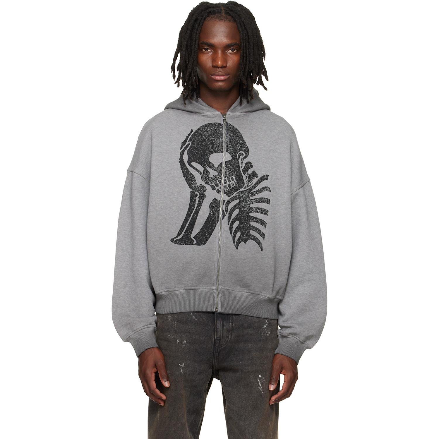 Gray Skull Zipped Loose Hoodie