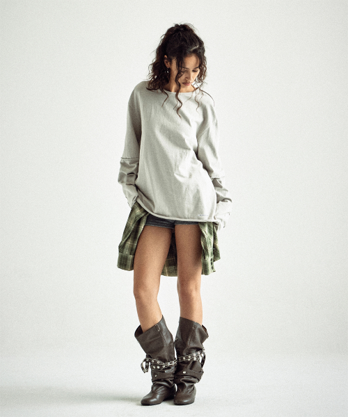 CUT-OFF LAYERED LS TEE BEIGE