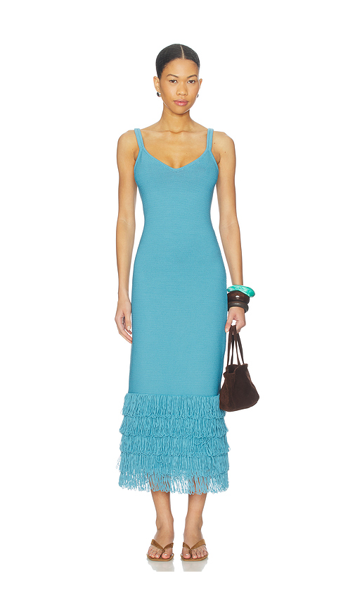 AMUR Decker Fringe Midi Dress in Blue. L. Also in XS