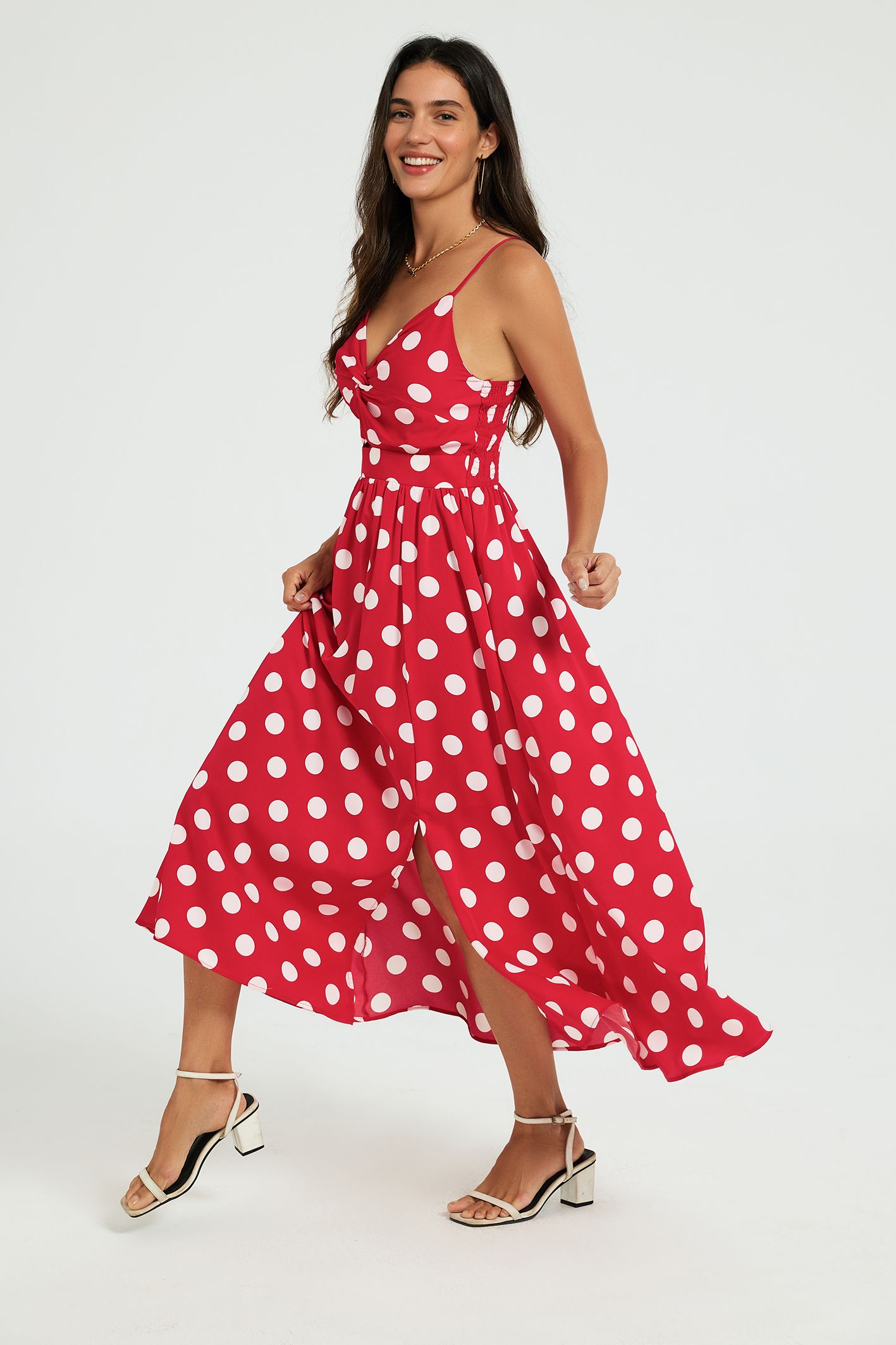 FS Collection Women's Polka Dot Twist Front Strappy Midi Dress in Red