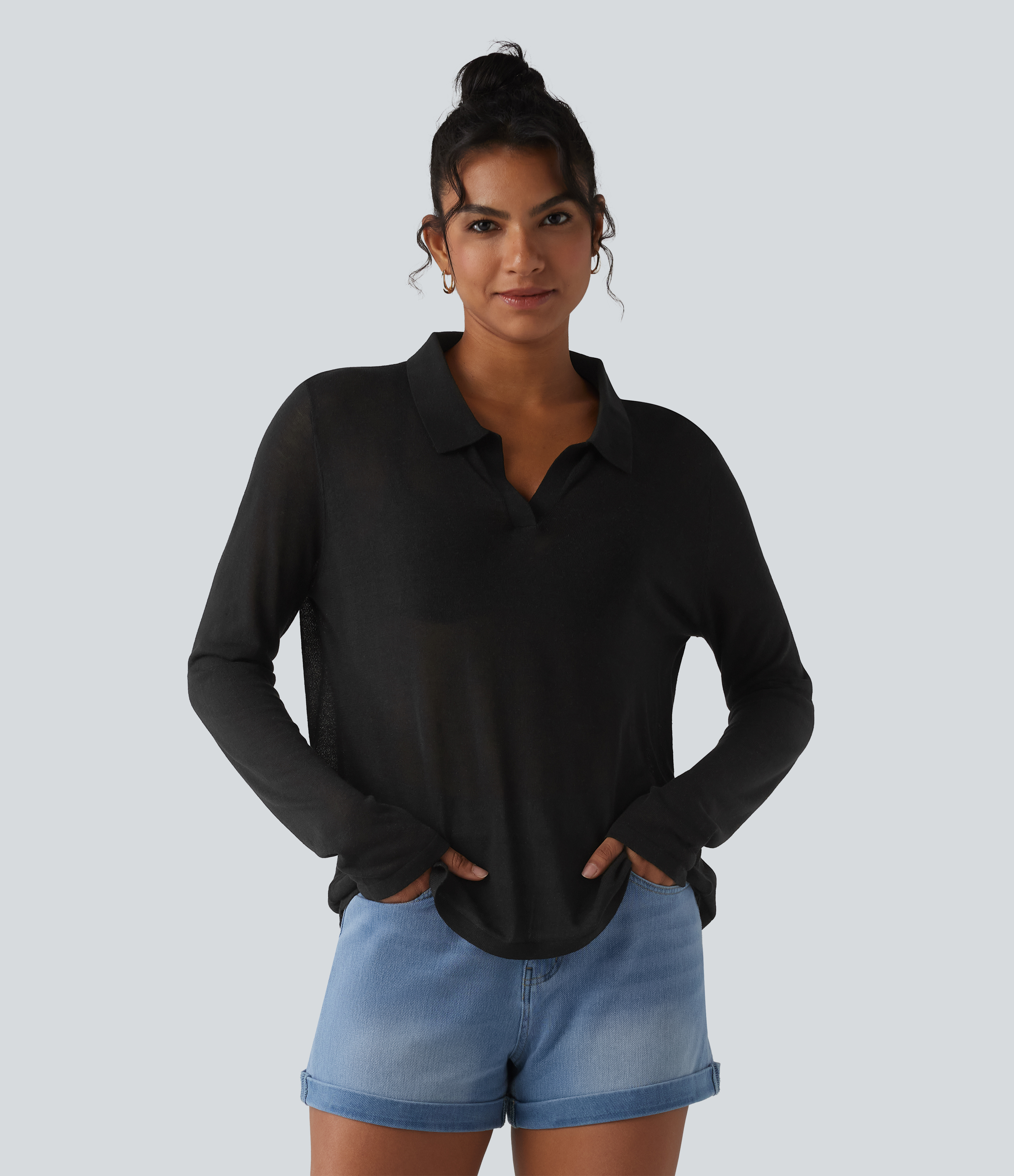 Polo Neck Long Sleeve Lyocell Linen Casual Sweater - Black