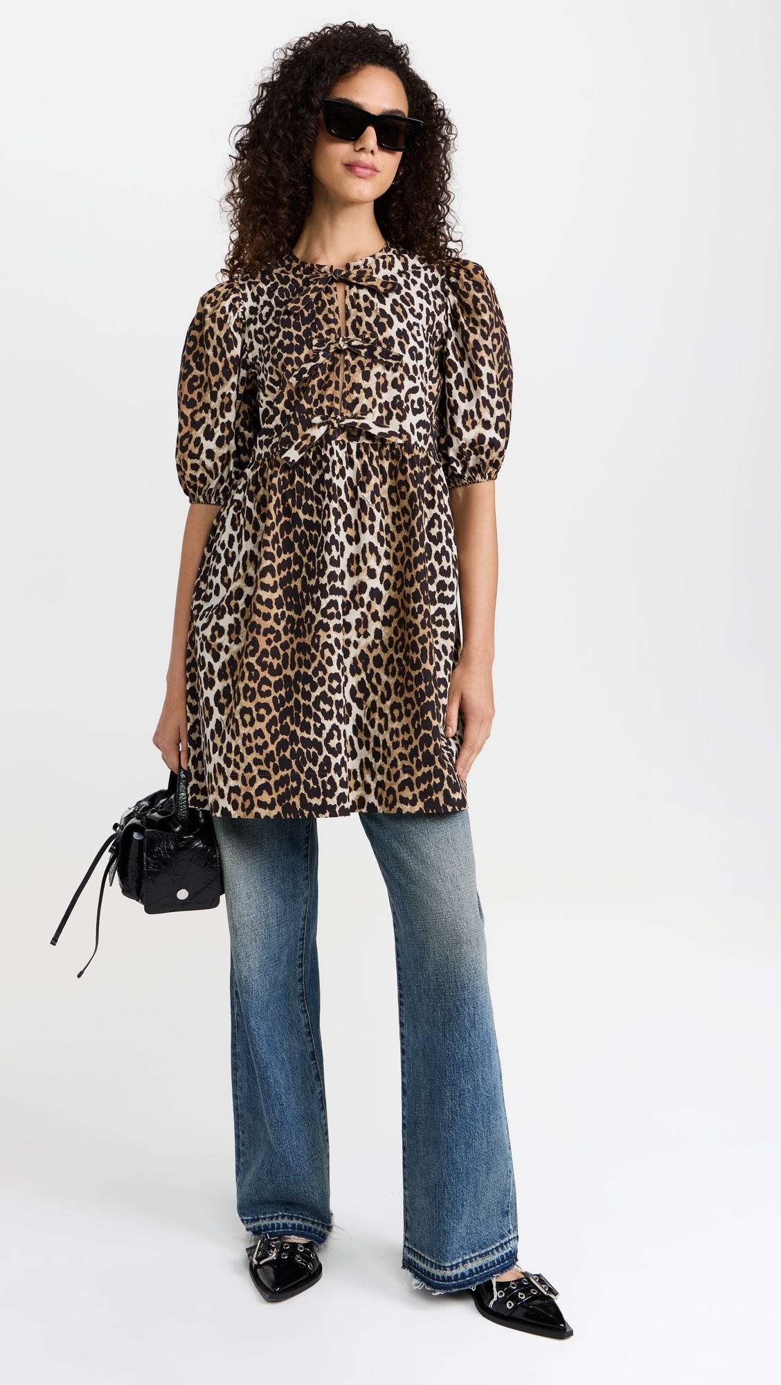 Cotton Poplin Tie String Mini Dress Leopard