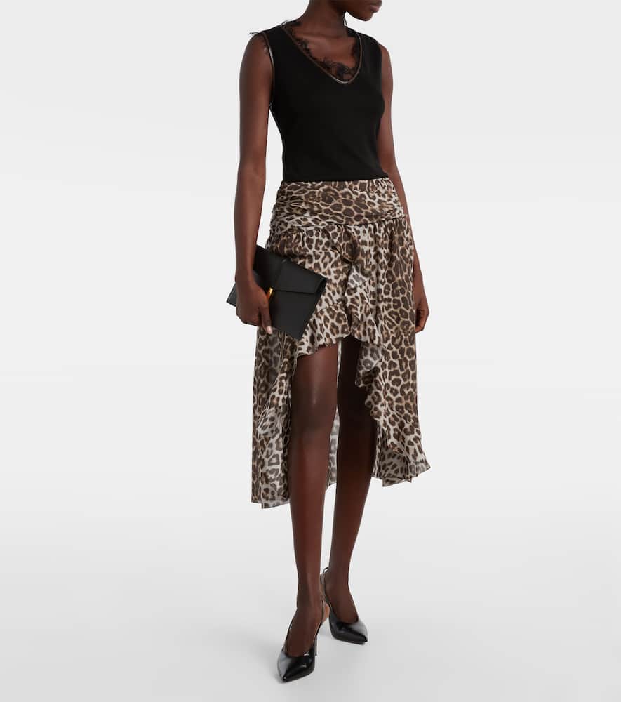 Lace-trimmed leopard-print asymmetric midi dress