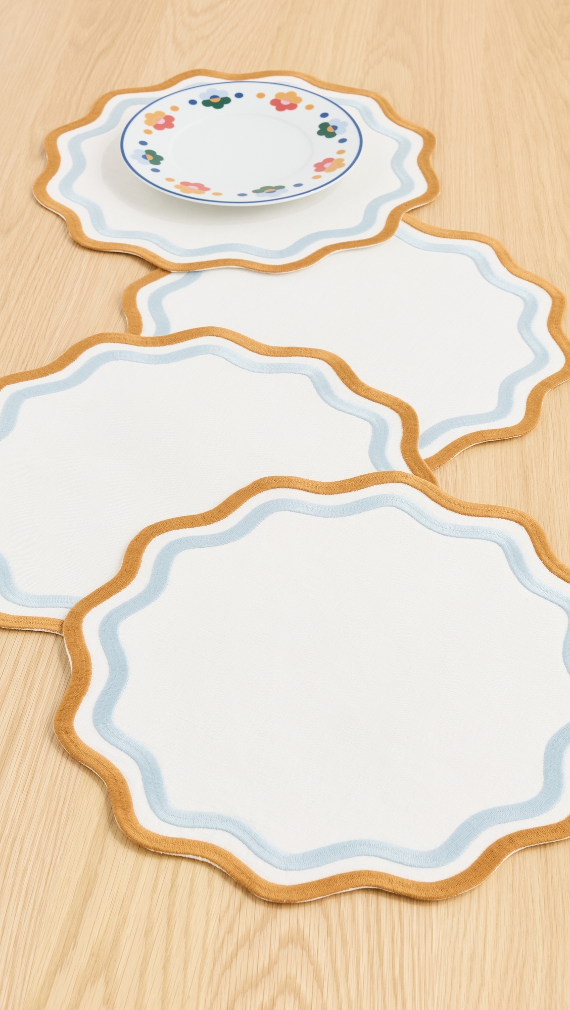 Set of 4 Linen Embroidered Place Mats Blue/Amber One Size