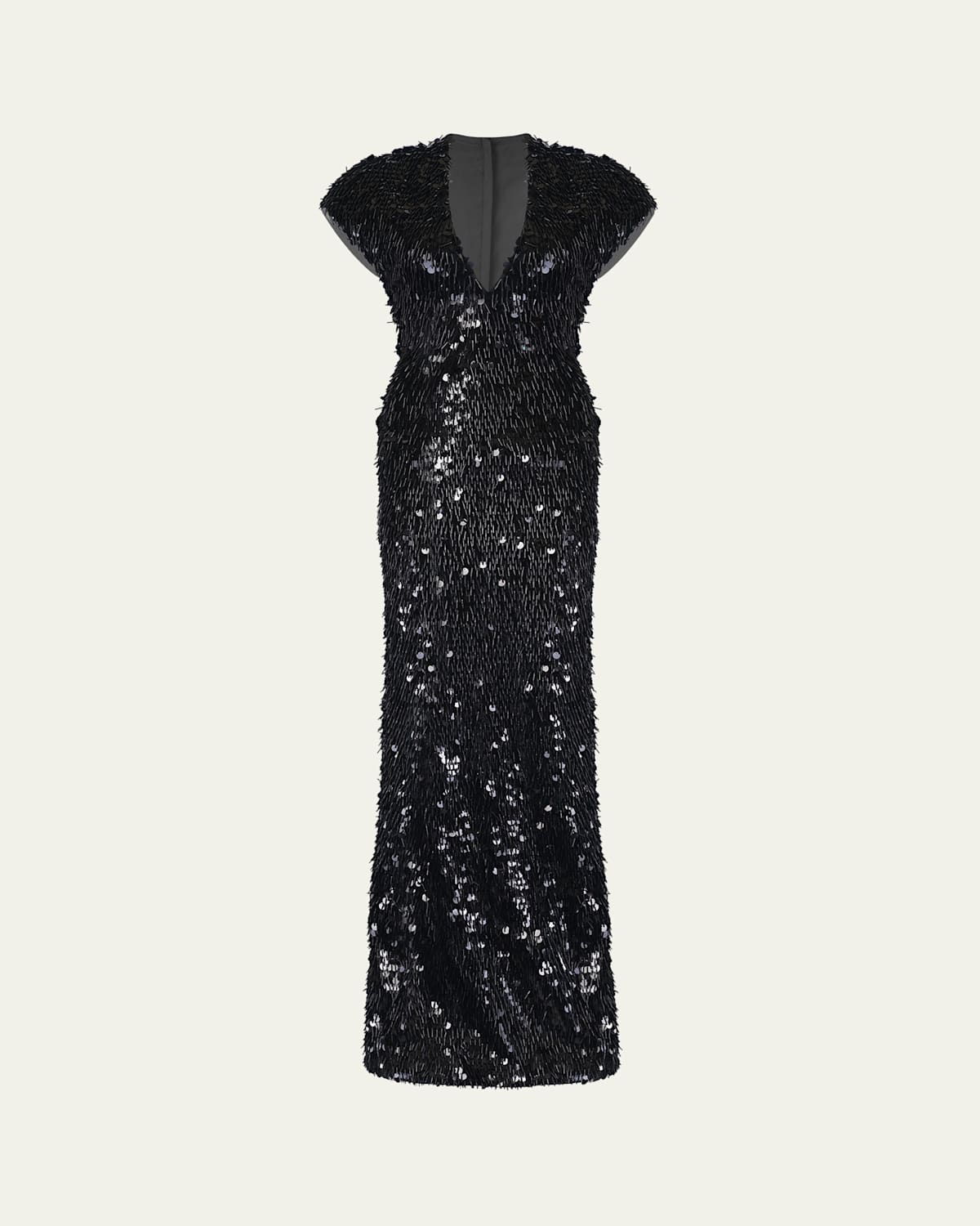 Plunging Fringed Cap-Sleeve Column Gown