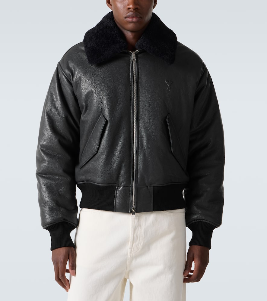 Shearling-trimmed leather bomber jacket