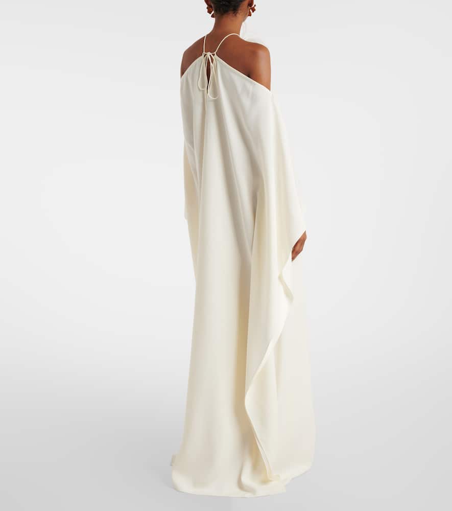 Feather-trimmed off-shoulder gown