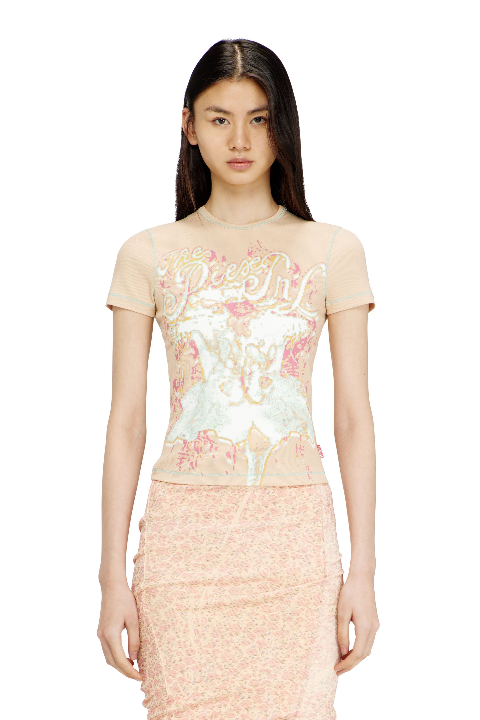 Animalier-print top in rib stretch jersey - T-Shirts - Woman - Pink