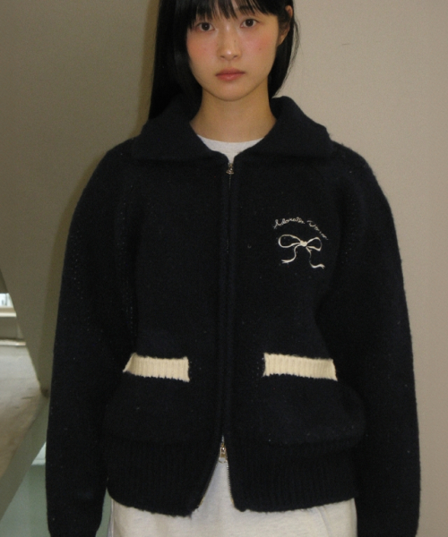 BACK HEART RIBBON COWICHAN KNIT ZIP UP DARK NAVY