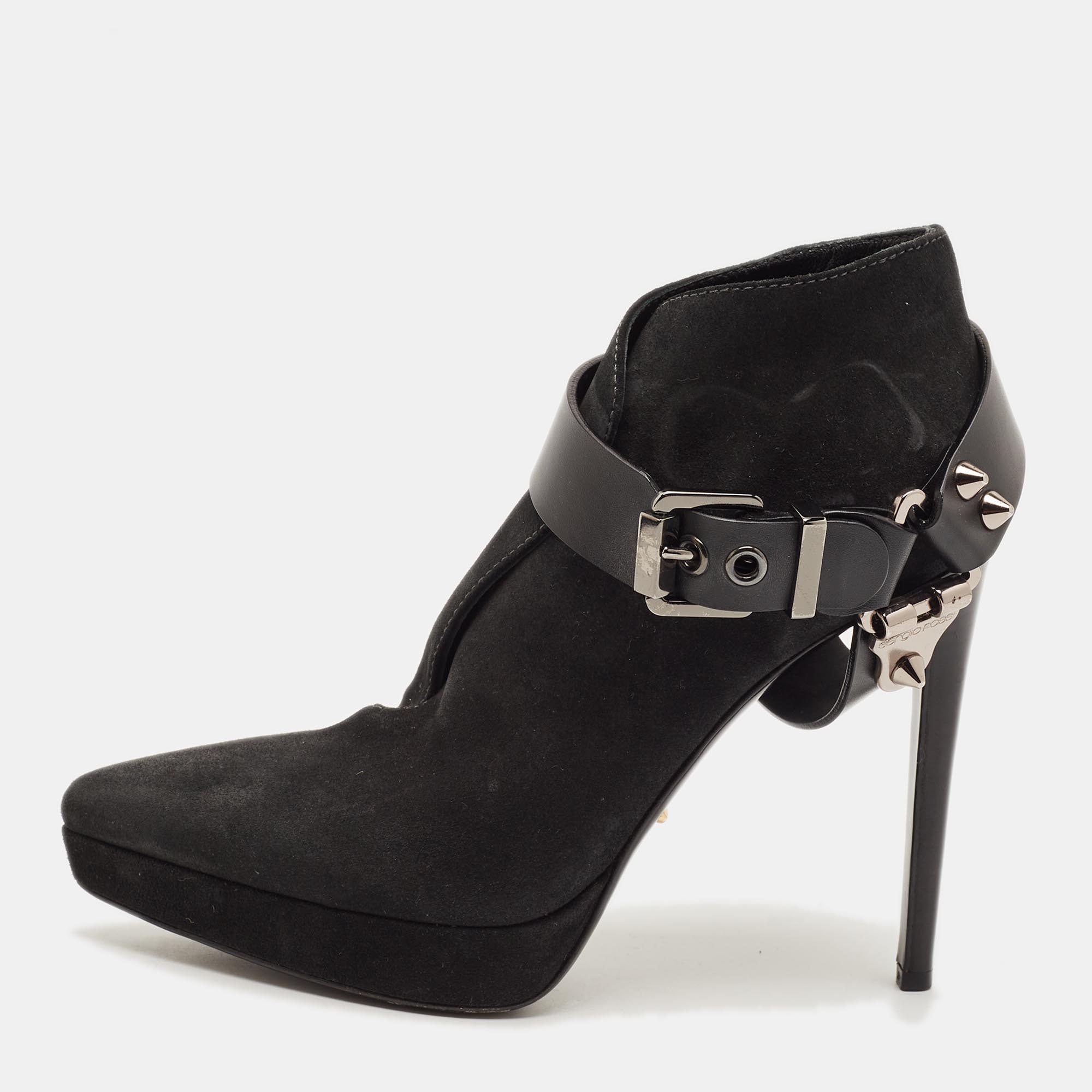 Sergio Rossi 36 Black Leather and Suede Ankle Length Boot