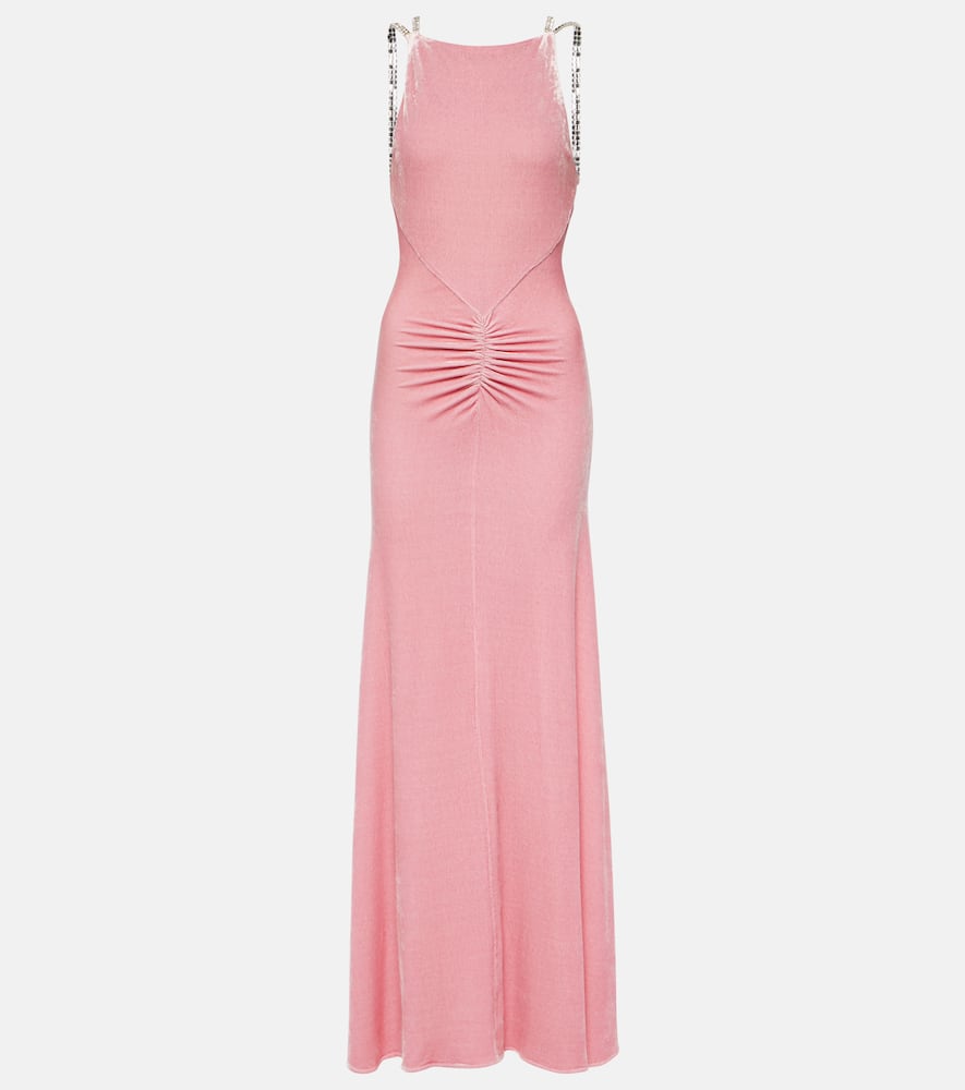 Embellished ruched velvet gown