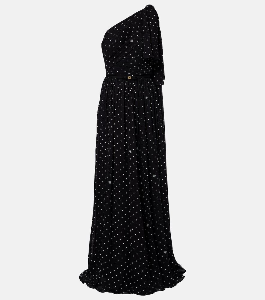 Polka-dot one-shoulder gown