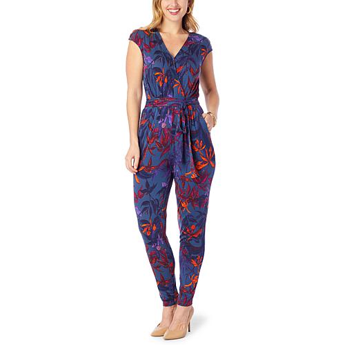 Colleen Lopez Wrap Tie Knit Jumpsuit - Deep Sea Floral - Size Medium