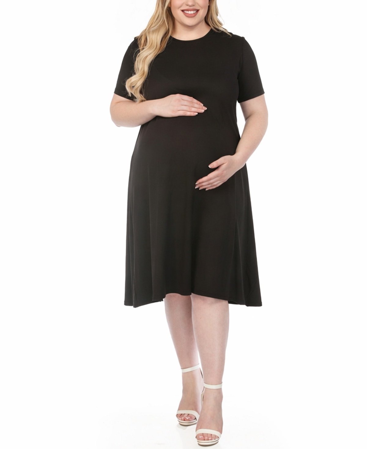 Plus Size Short-Sleeve Midi A-Line Dress - Black