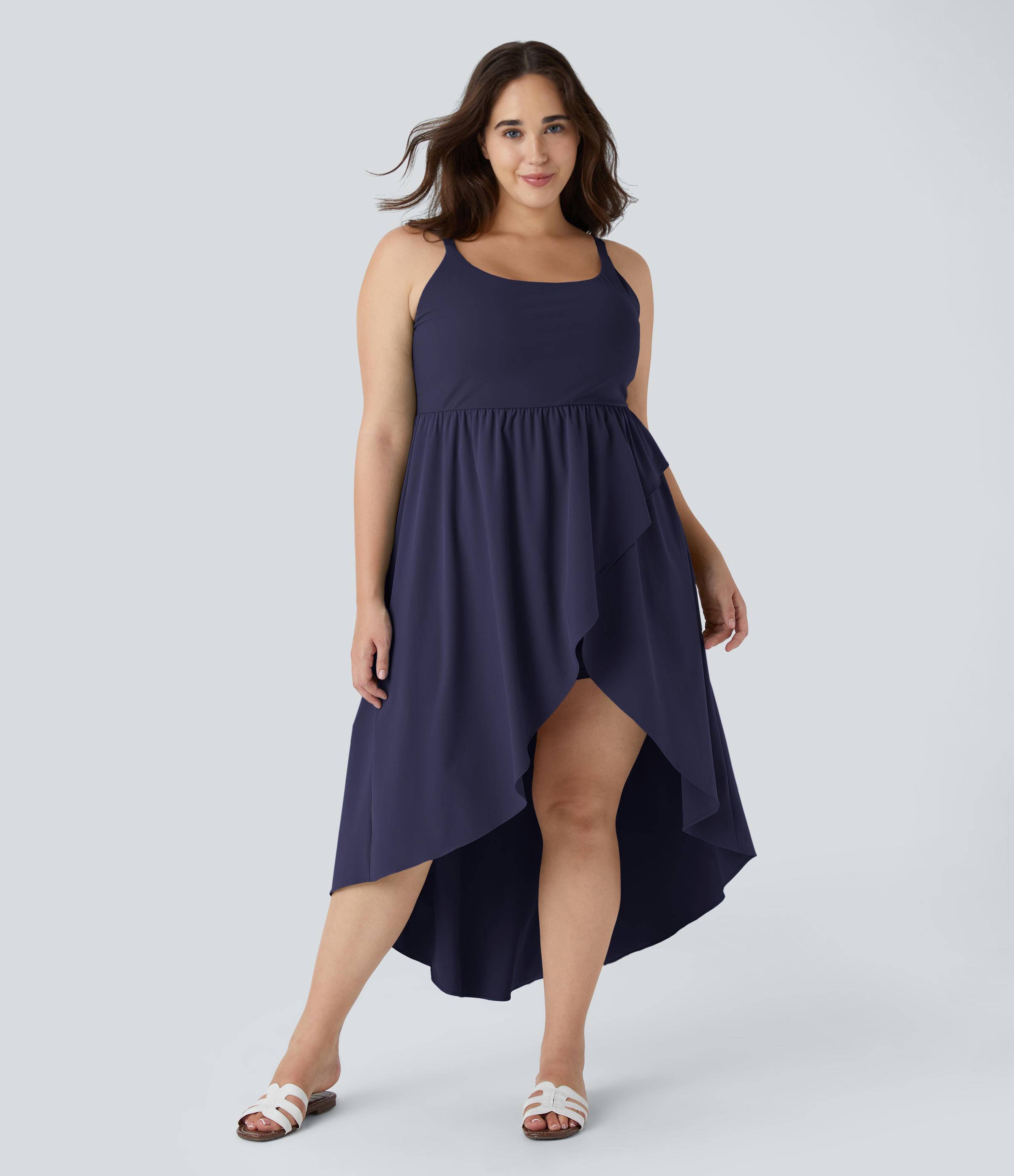 Breezeful™ Asymmetric Crossover Hem 2-Piece Pocket Flowy Midi Quick Dry Casual Plus Size Dress Casual Dress - Patriot Blue