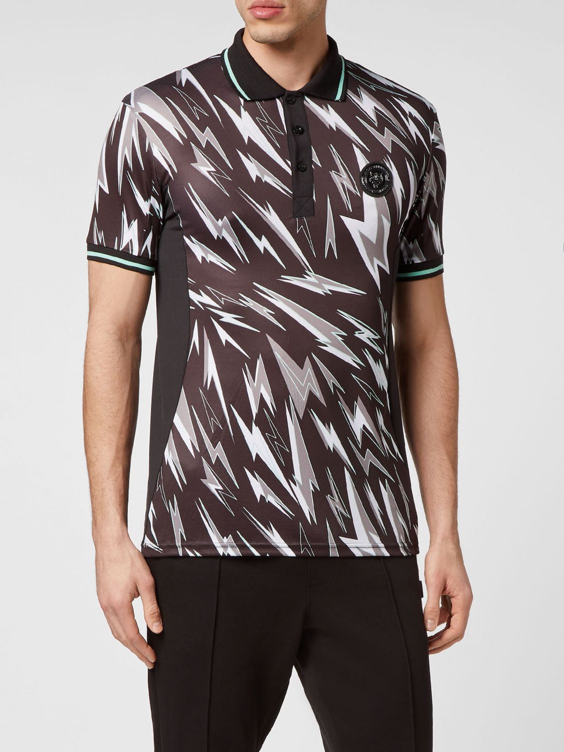 Lightning bolt print polo shirt - Black