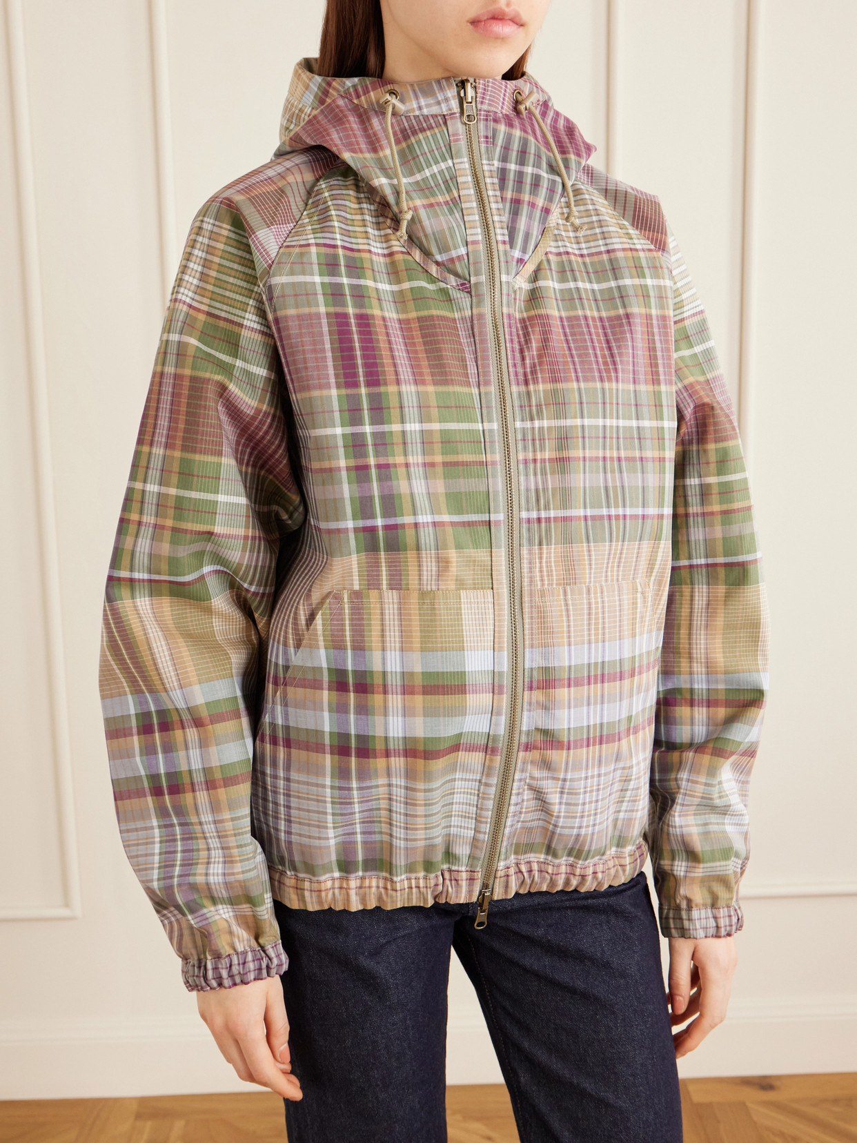 Hooded Reversible Checked Shell Jacket - Gray