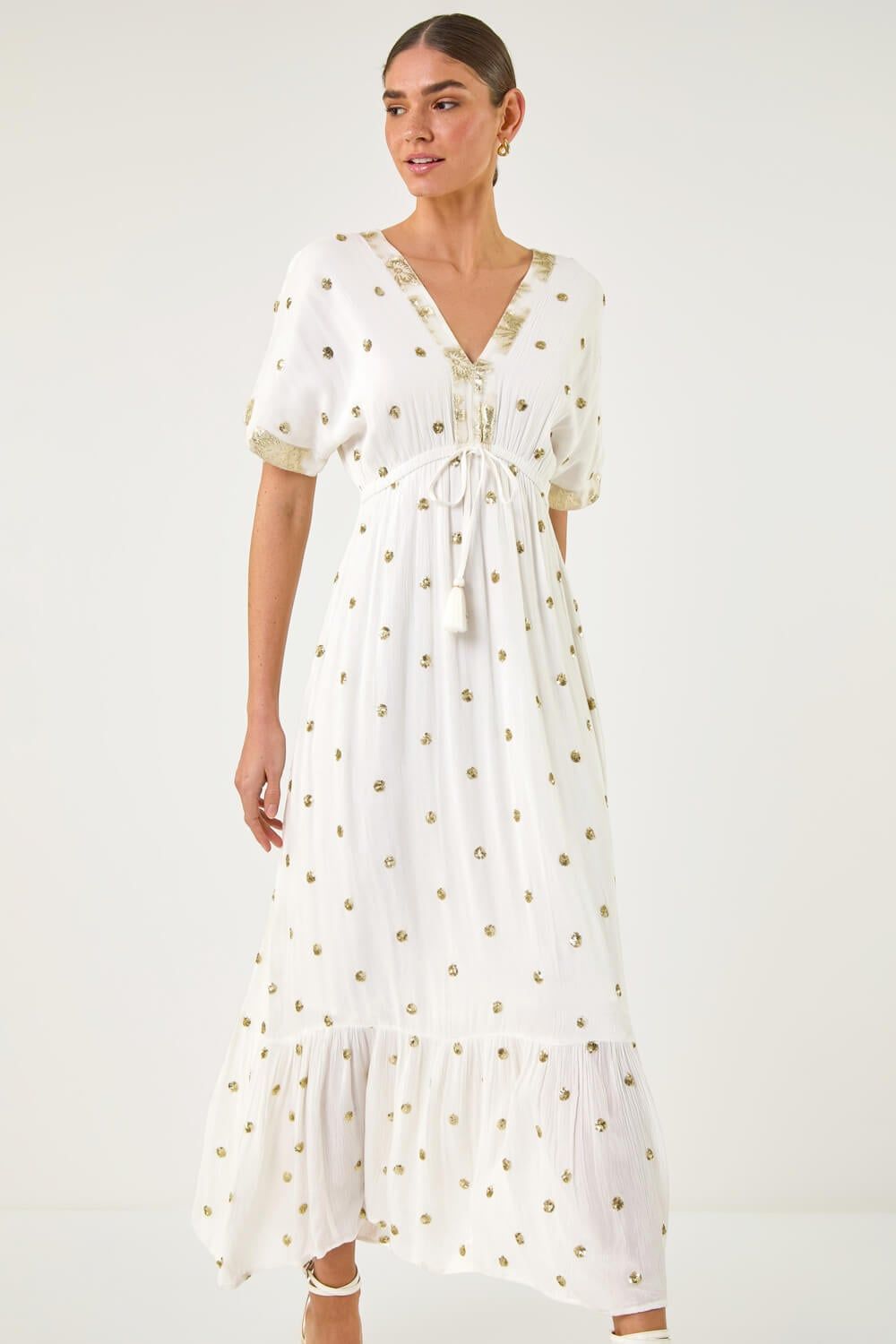 Roman Sequin Embellished Tassel Midi Dress In Ivory