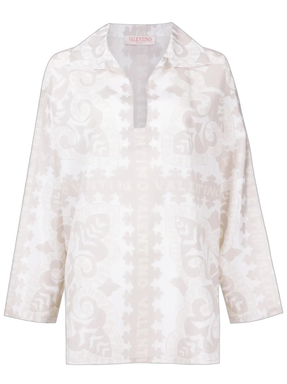 Geometric-Print Silk-Cotton Shirt — Beige