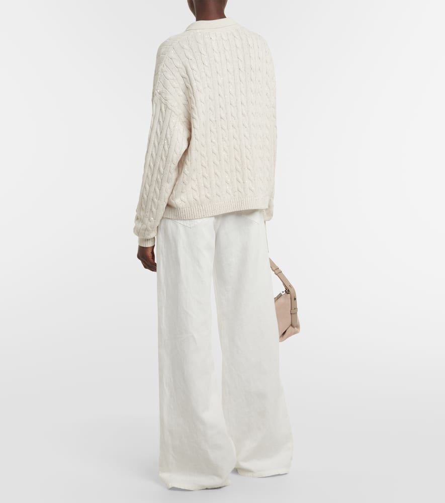 Cable-knit cotton-blend polo sweater