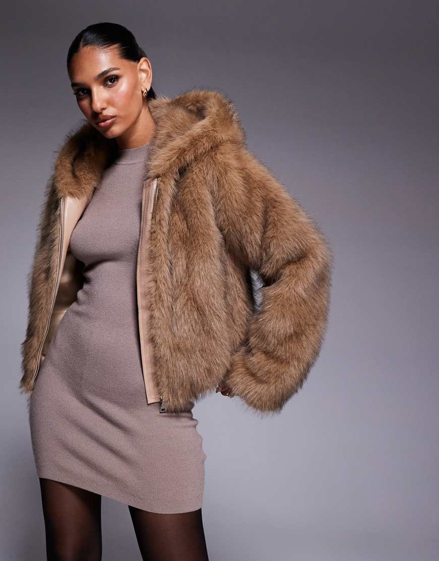Sugar cropped faux fur coat with hood in tan-Brown