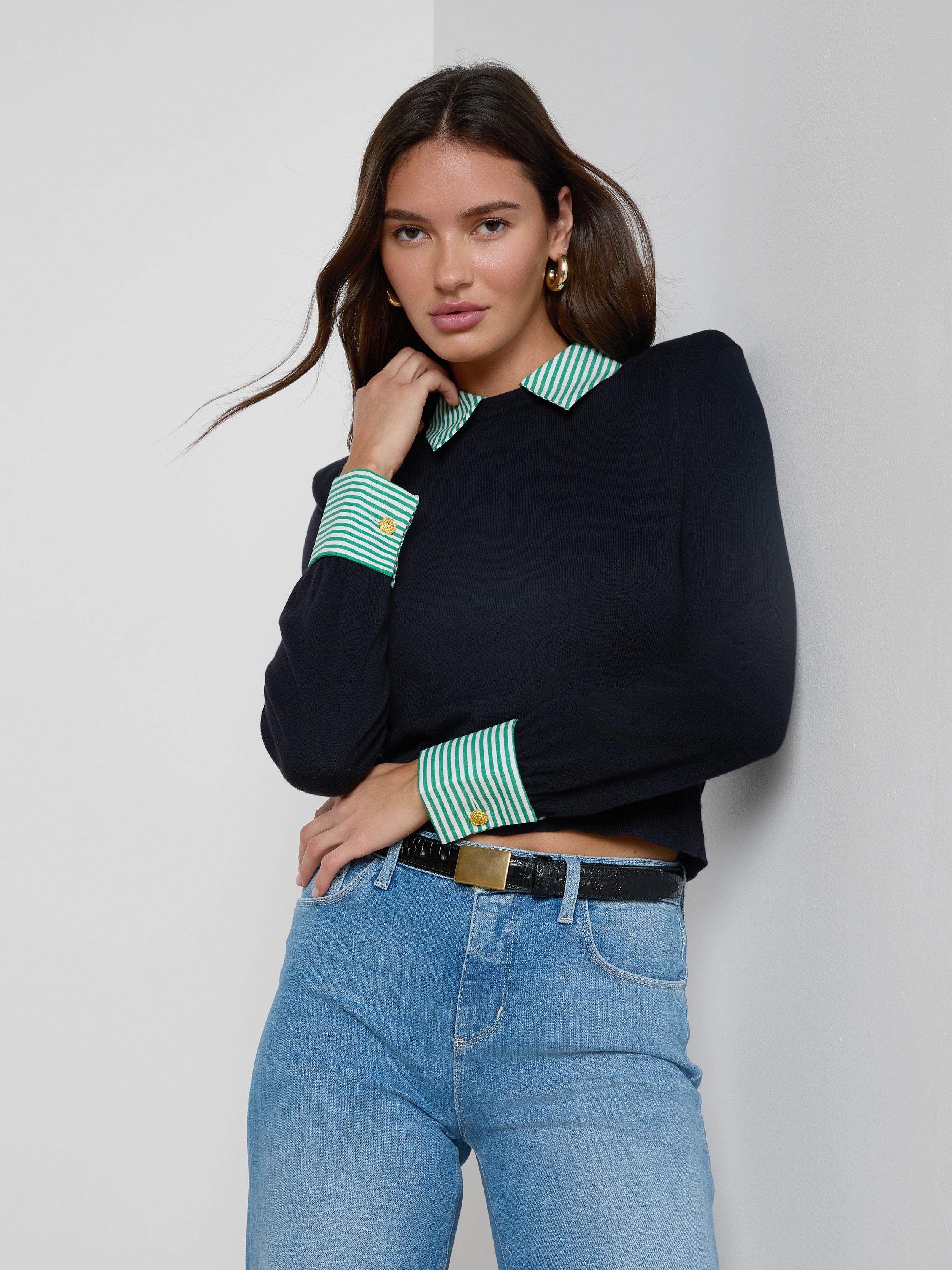April Poplin Collar Pullover In Dark Navy/green White Stripe