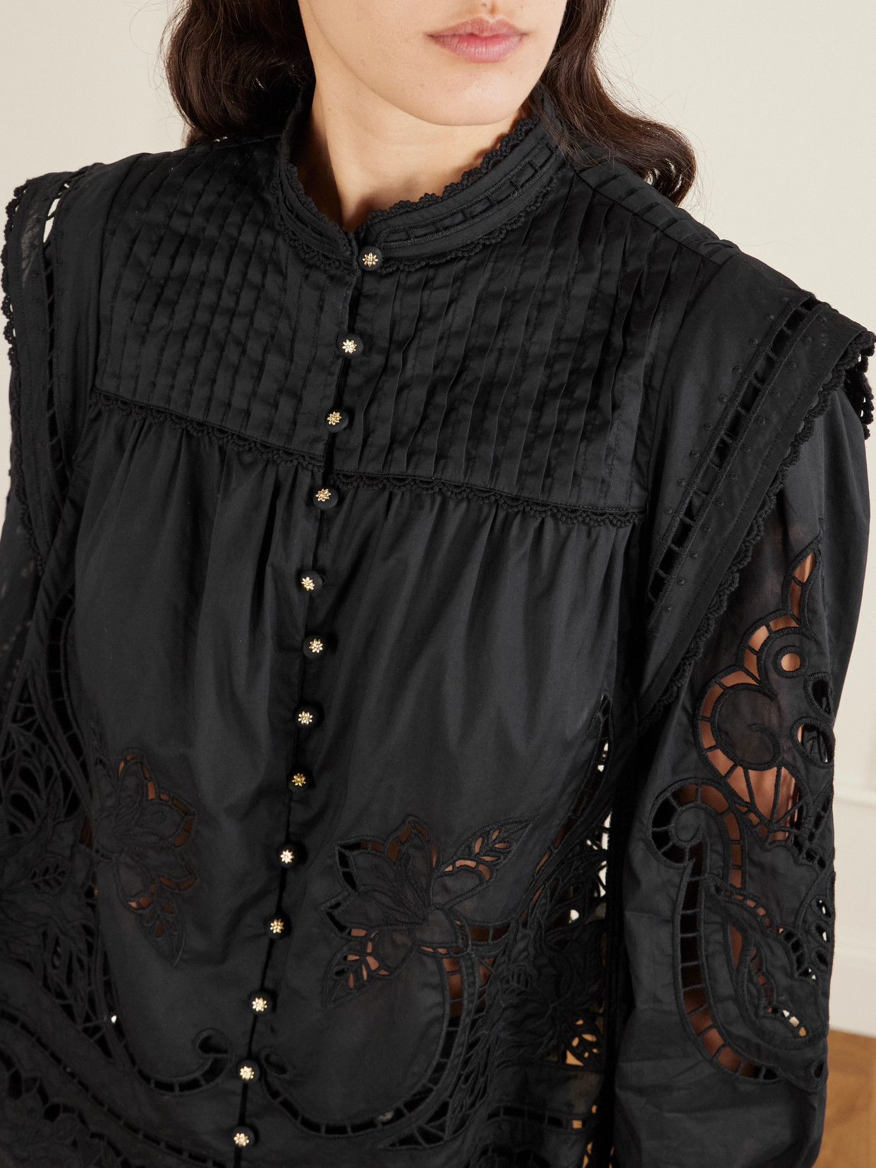 Richilieu Pleated Broderie Anglaise Cotton Blouse - Black