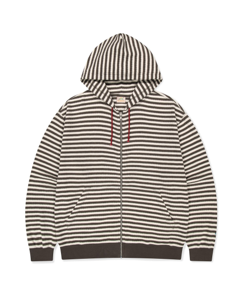 Striped Waffle Zip Up Hoodie Brown