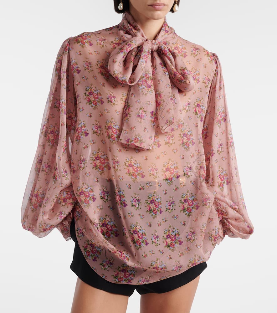 Floral tie-neck silk blouse