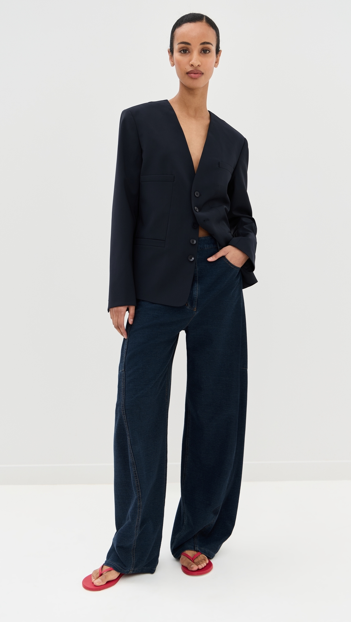 Tibi Tropical Wool Collarless Blazer Navy