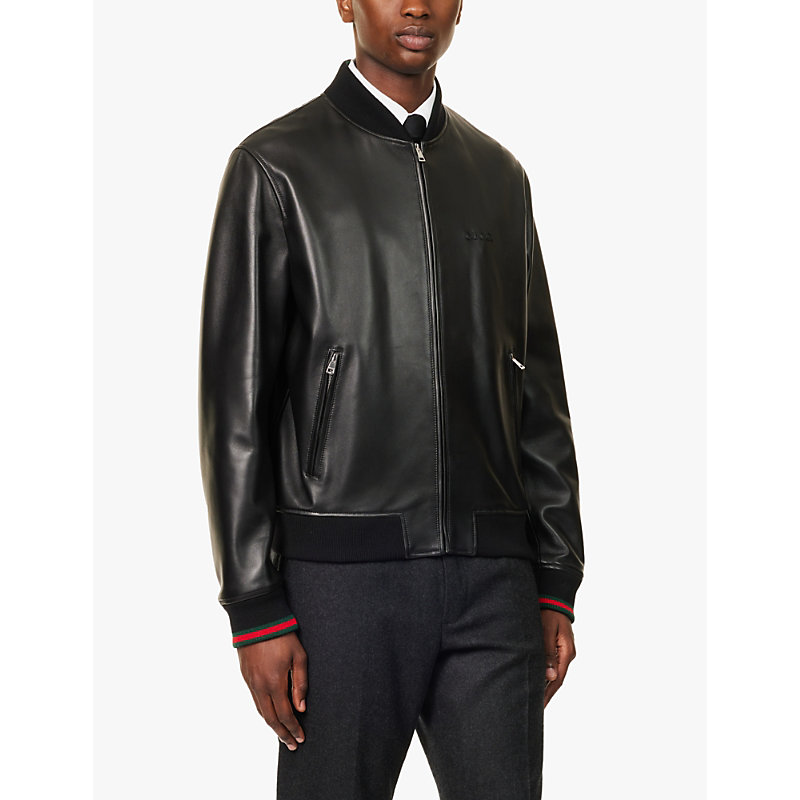 Mens Black Green Red Brand-embroidery Two-zip-pockets Regular-fit Leather Jacket