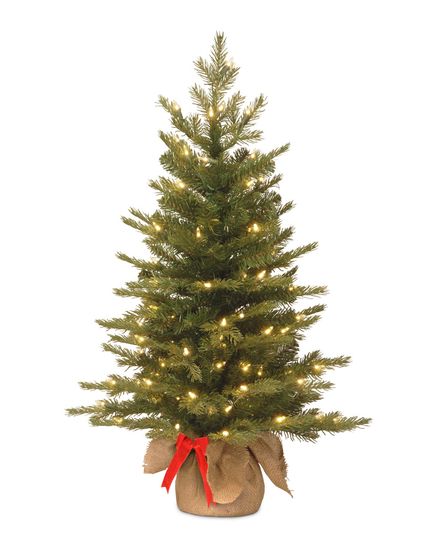 3ft Feel-Real(R) Nordic Spruce Tree in Burlap Base with 50 Warm White Battery Operated LED Lights with Tim