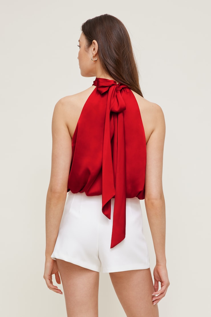 Paloma Bubble Satin Halter Blouse - Red - Women Clothing