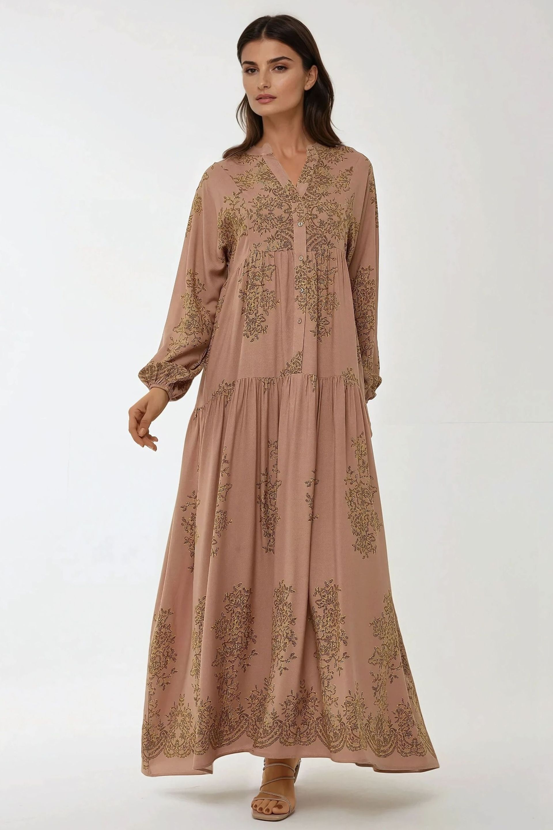 Coffee Brown Printed Viscon Maxi Dress With Shirt Collar Women