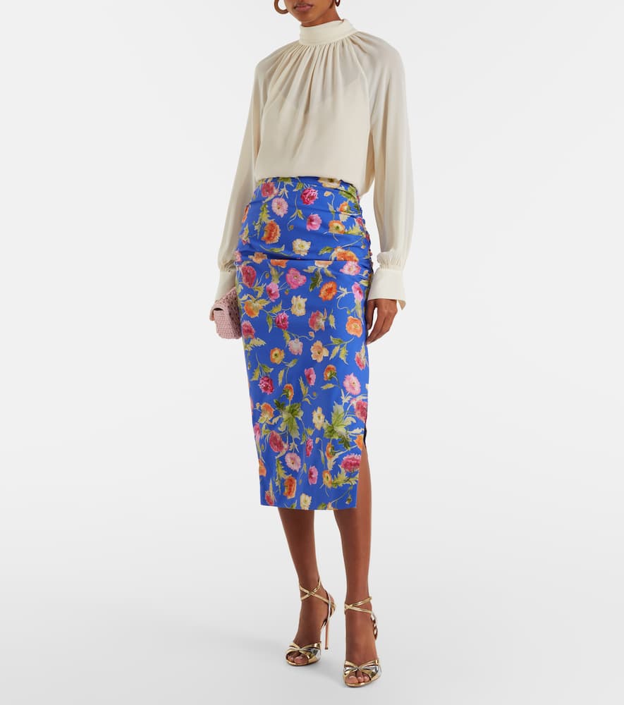Floral ruched cotton-blend midi skirt