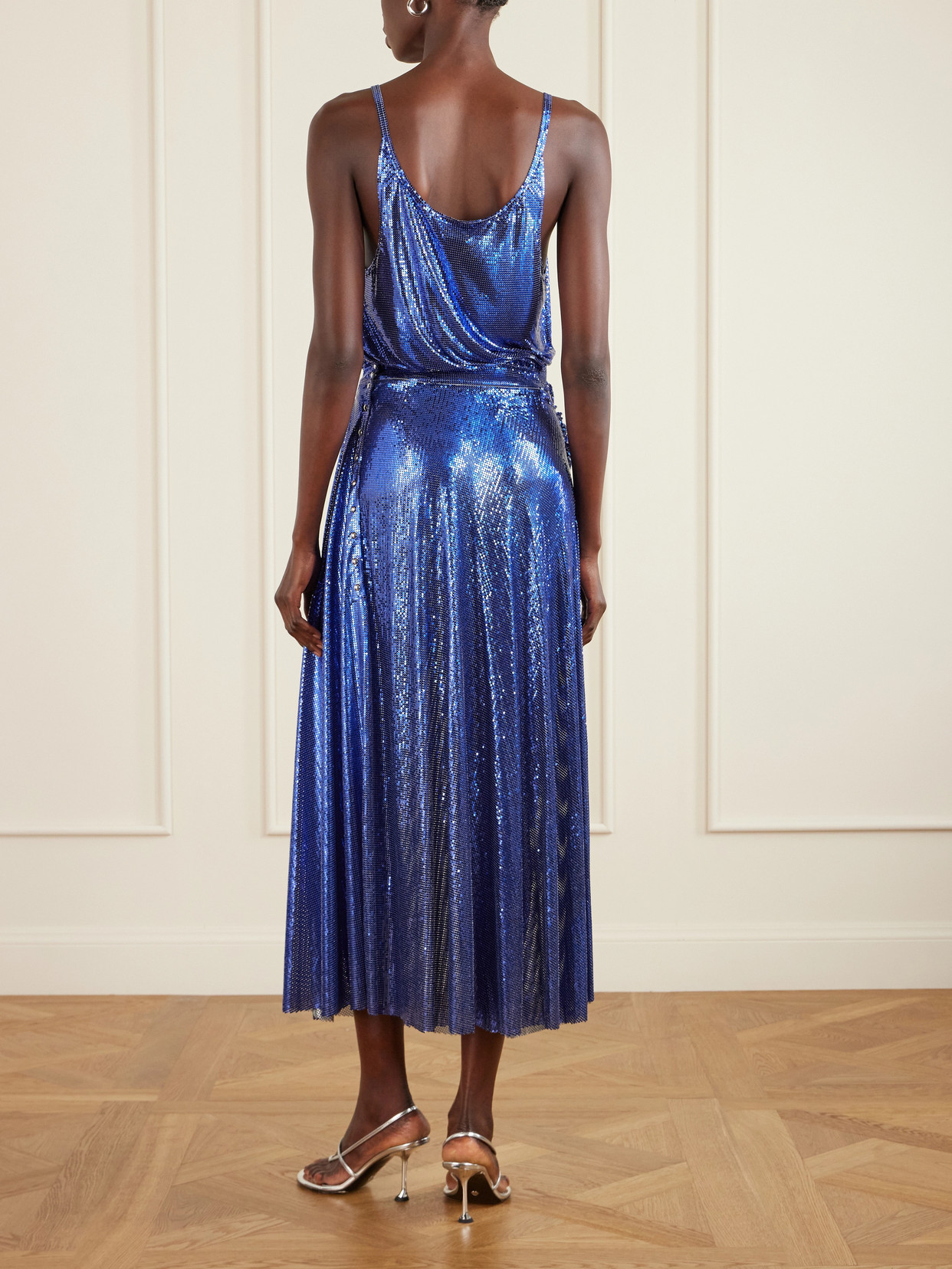 Draped Pleated Chainmail Midi Dress - Blue