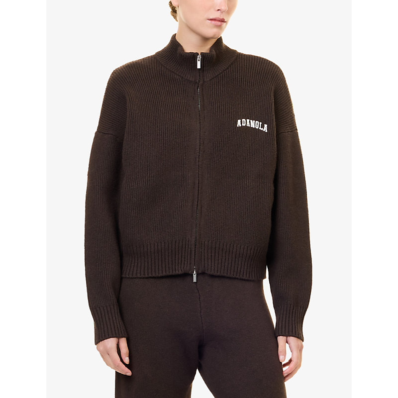 Womens Varsity Zip-Up Funnel-Neck Knit Sweatshirt