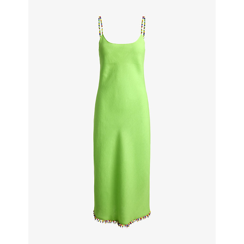Womens Beaded-Trim Linen Slip Dress