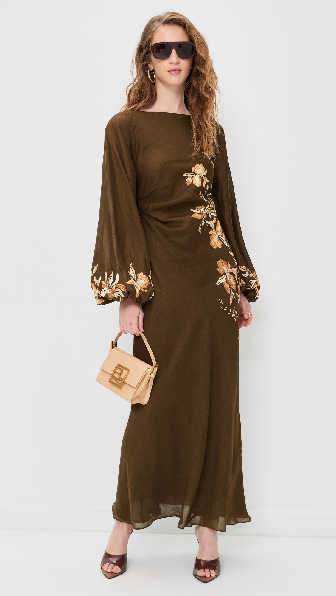 Boat Neck Long Dress Brown