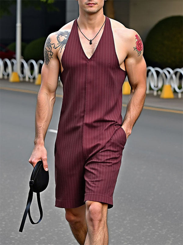 Men's Striped Sleeveless Jumpsuit SKUL21530 - Wine Red / S