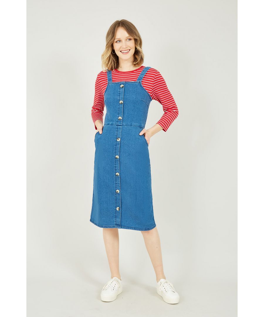 Yumi Womens Blue Denim Dungaree Dress Cotton