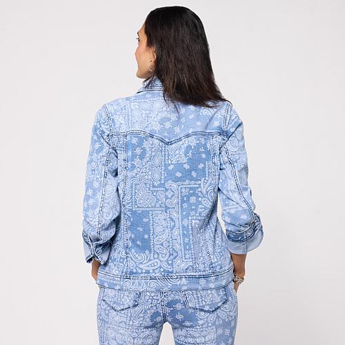 Classic Stretch Scarf Print Denim Jacket - Blue