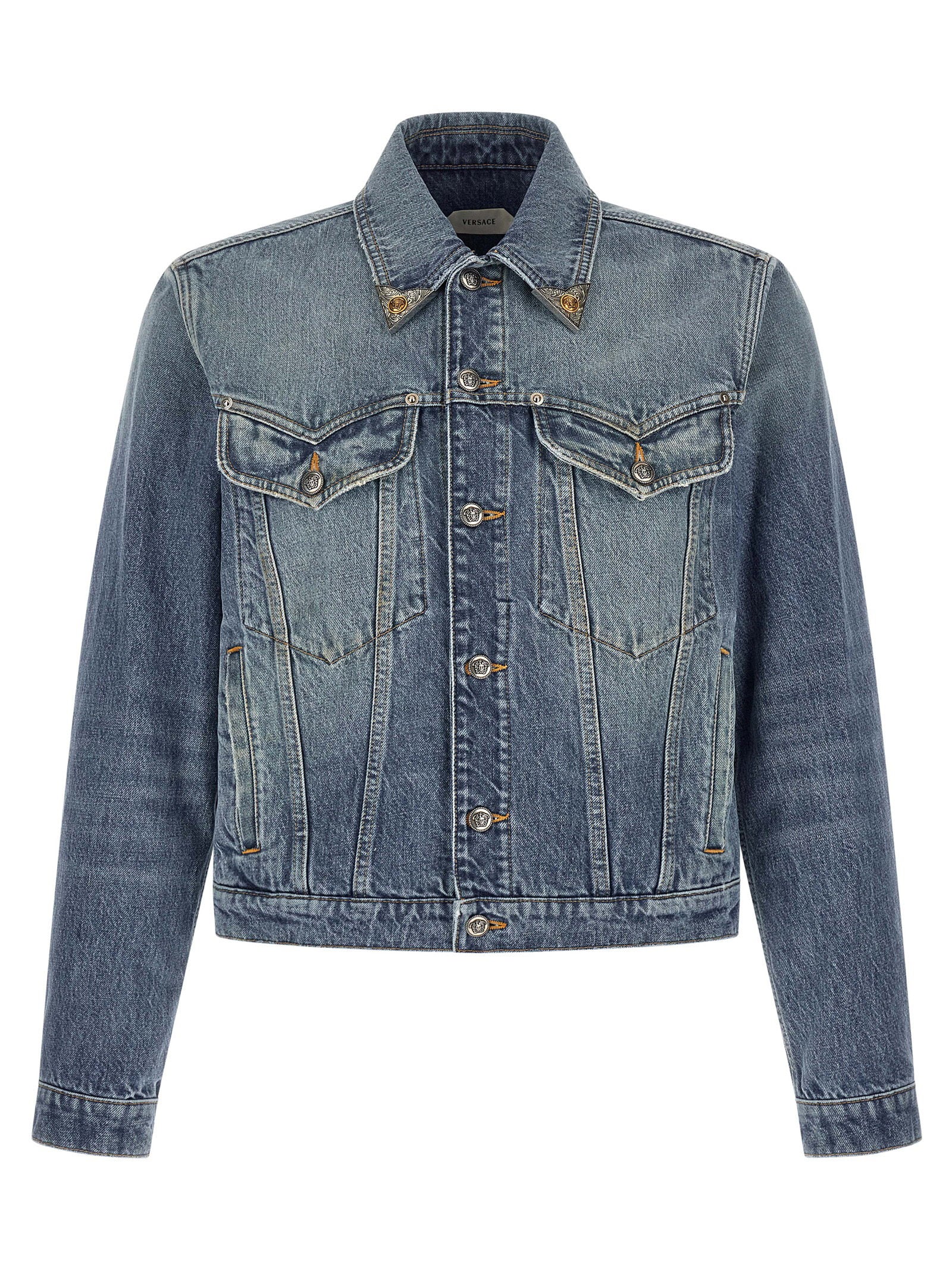 Medusa-Embellished Denim Jacket — Blue
