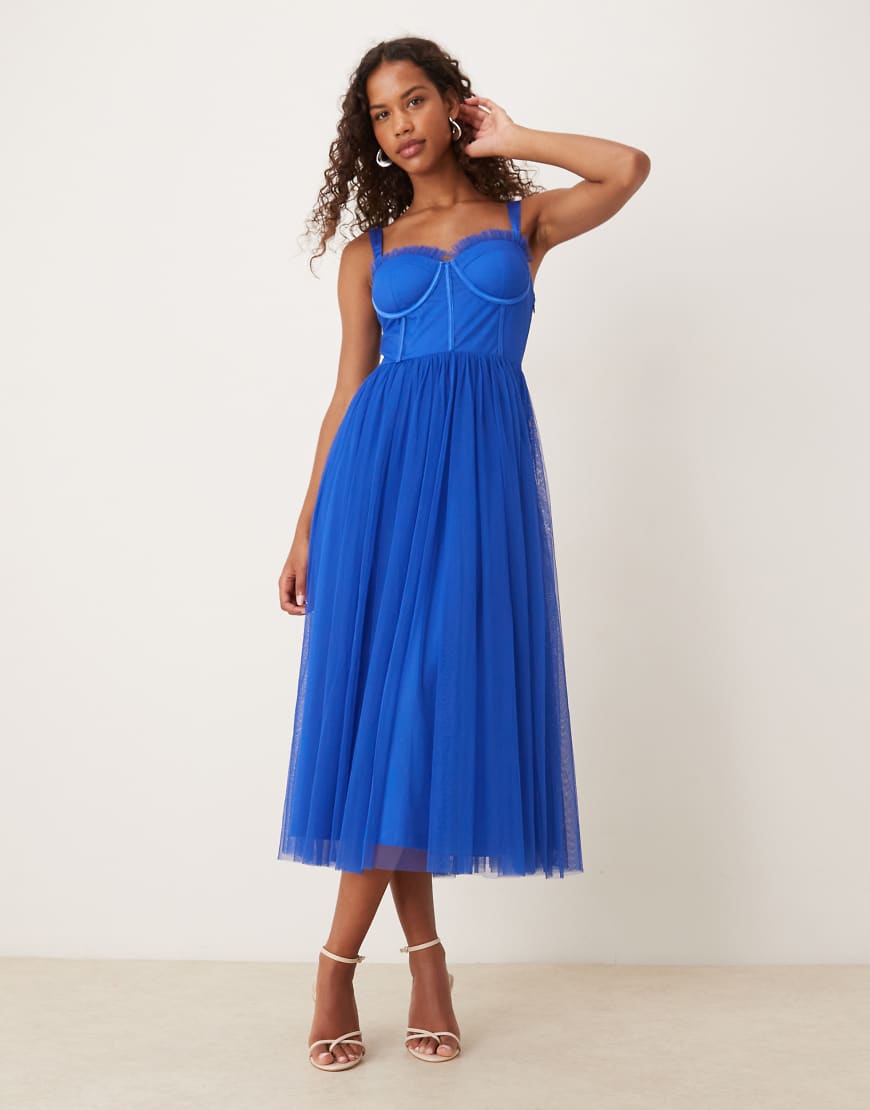 Tulle corset midi dress in cobalt-Blue