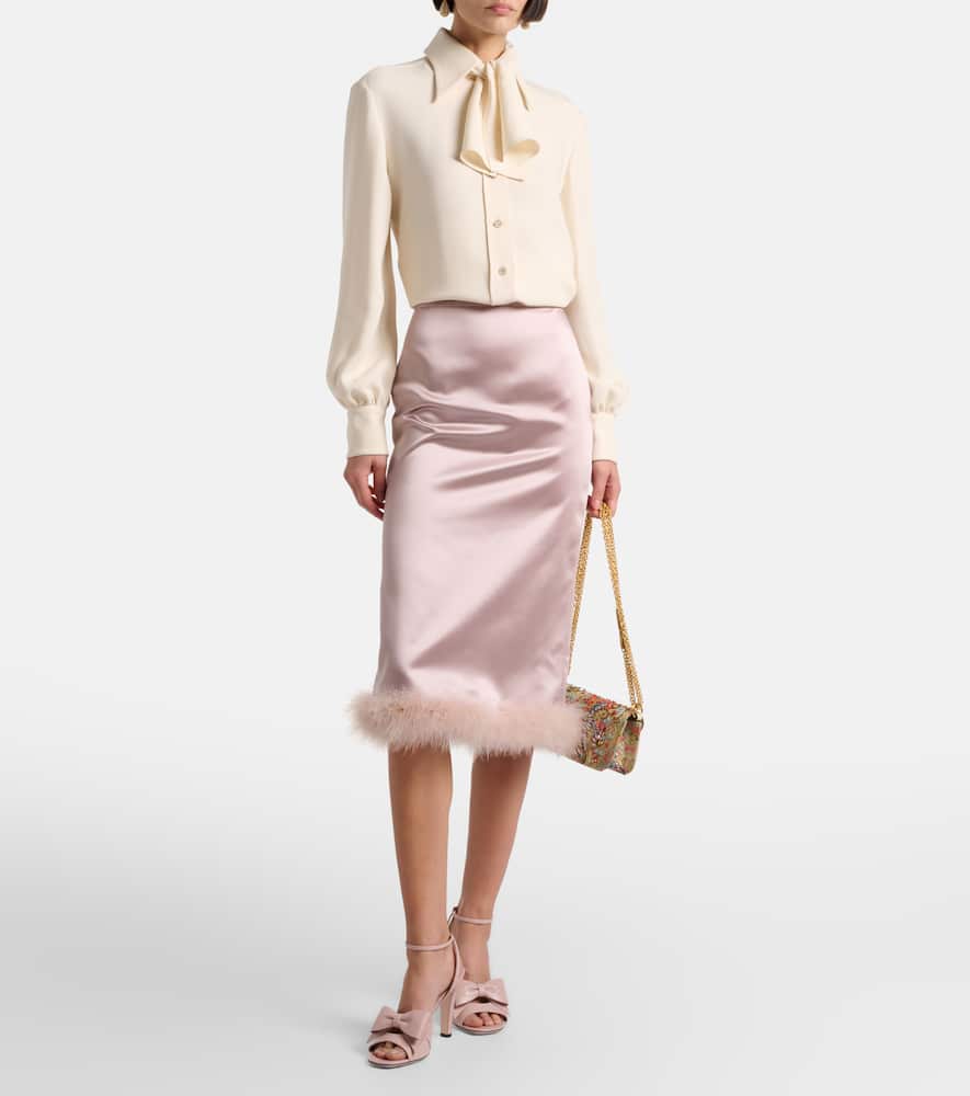 Feather-trimmed high-rise midi skirt