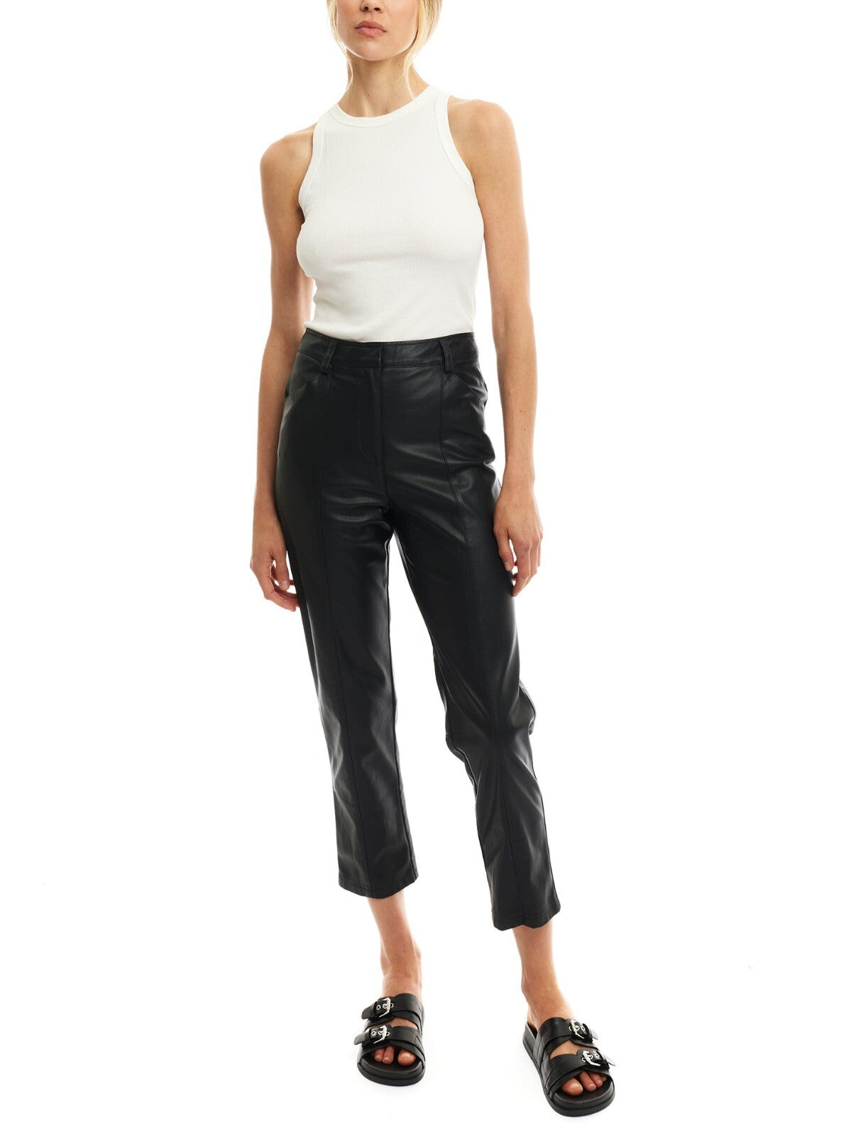 Jen Trouser Women Black Faux Leather Straight Leg Cropped JDM1982