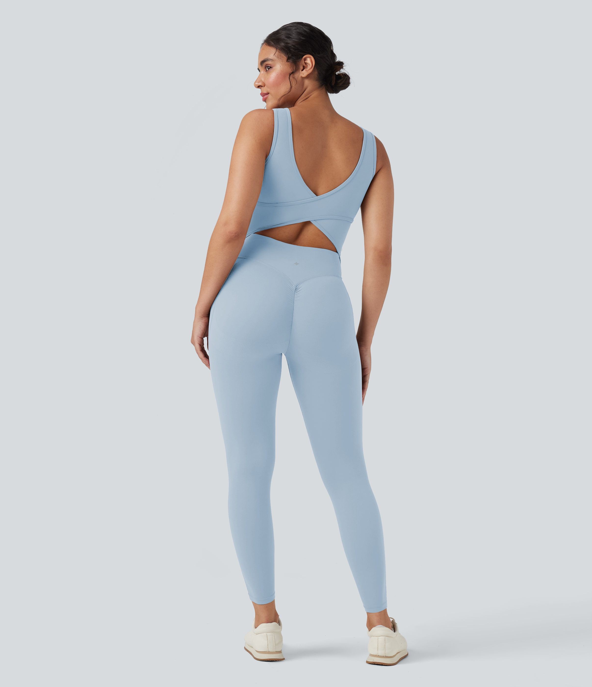 UltraSculpt™ V Neck Tummy Control Butt Lifting Workout Jumpsuit with Pockets Workout Dress - Baby Blue