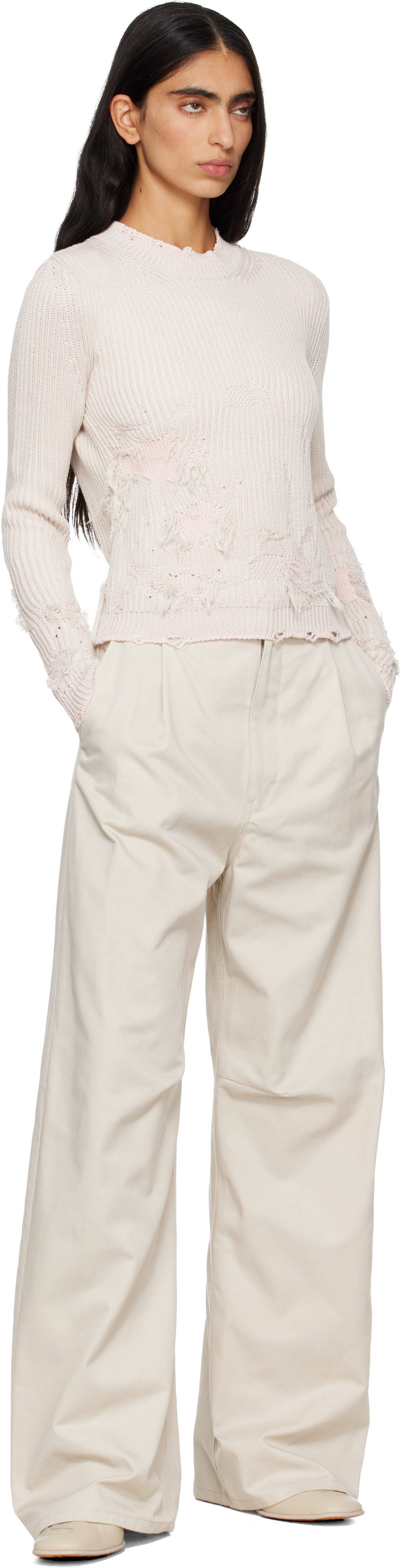 Beige Wide Leg Twill Trousers