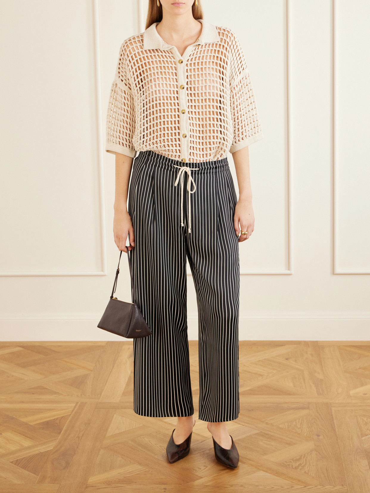 Balloon Drawstring Habotai Wide-leg Pants - Black
